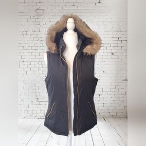 GAP Black Full Zip Hooded Vest with Faux Fur Trim Size Small